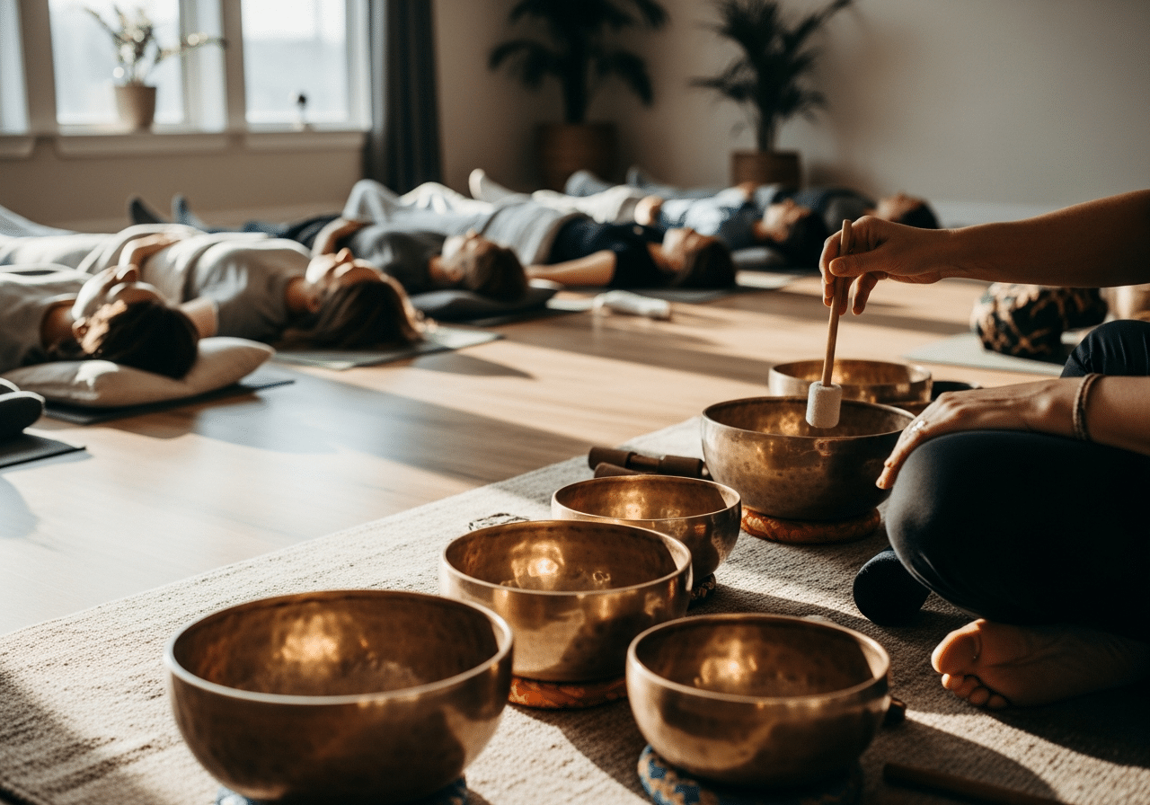 Séance de bain sonore collectif : participants allongés détendus écoutant les vibrations des bols tibétains
