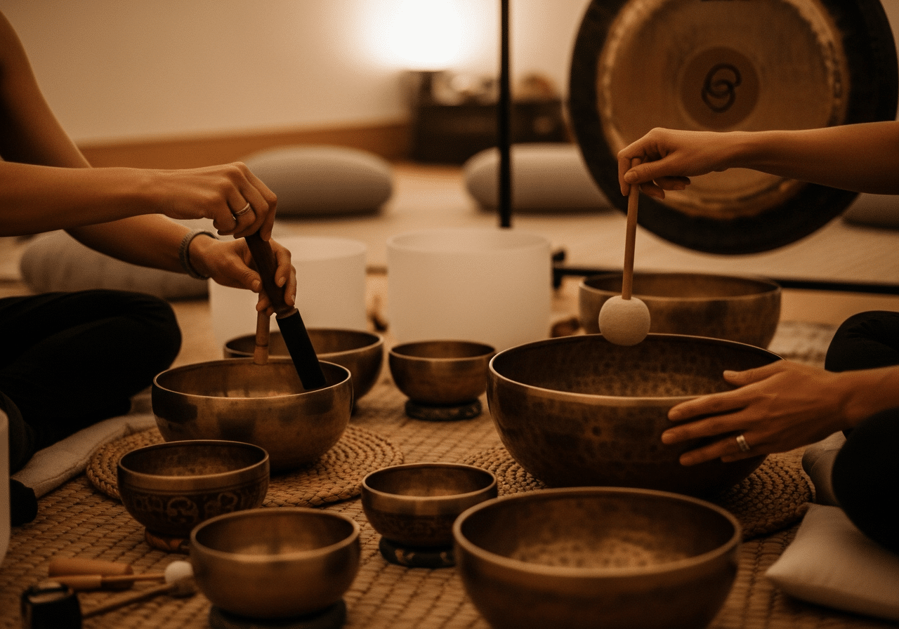 Mains jouant les bols tibétains et gongs en sonothérapie collective pour relaxation profonde