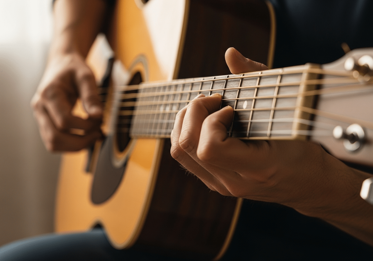 Mains jouant de la guitare acoustique en gros plan, approche musicothérapie active