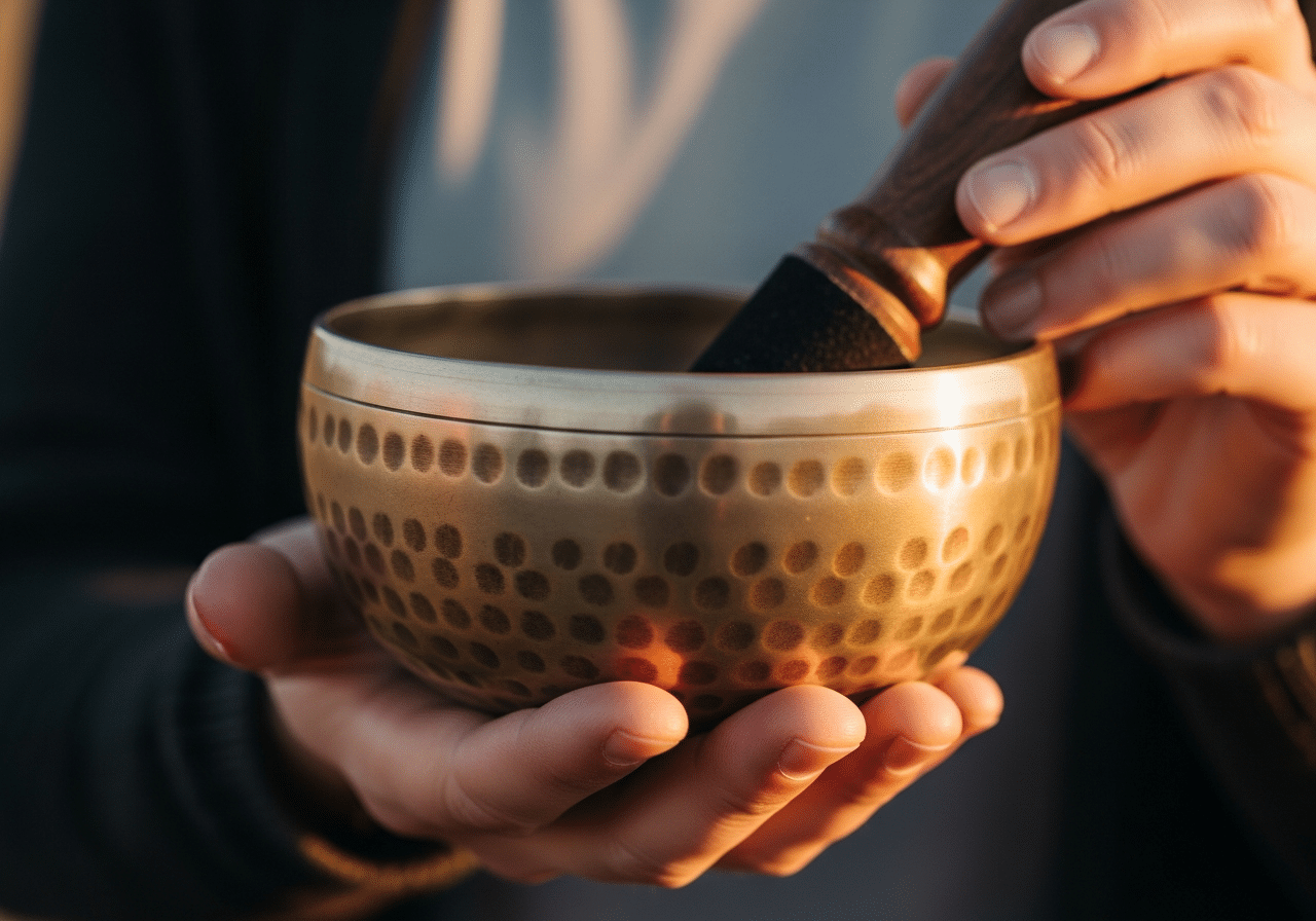 Bol chantant tibétain entre les mains, musicothérapie réceptive et apaisante