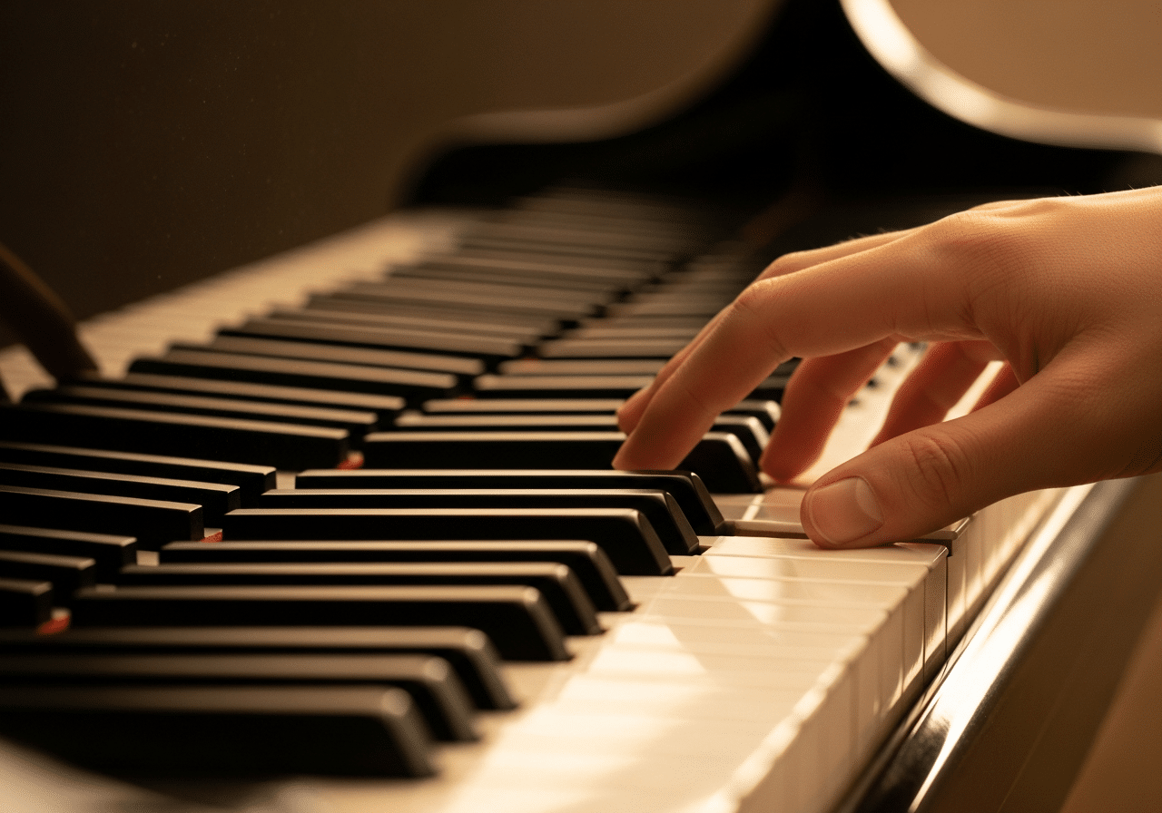 Main jouant sur touches de piano, noir et blanc en lumière chaleureuse.
