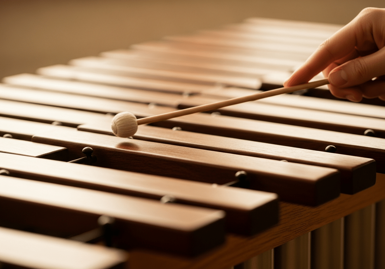 Main frappant un xylophone avec mailloche, lames de bois en dégradé, geste dynamique et lumineux.