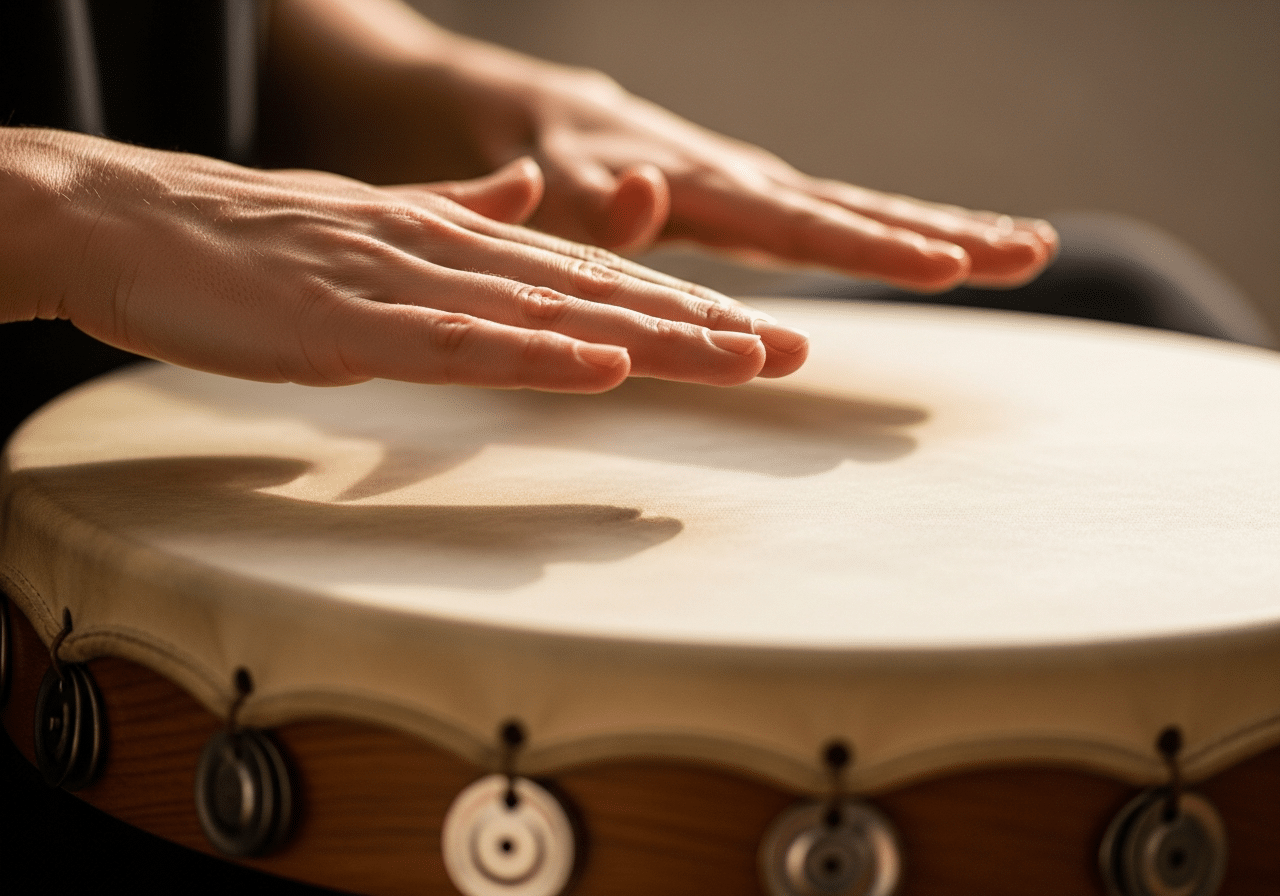 Frame drum percuté : peau tendue, cadre bois, détails métalliques en lumière chaude.