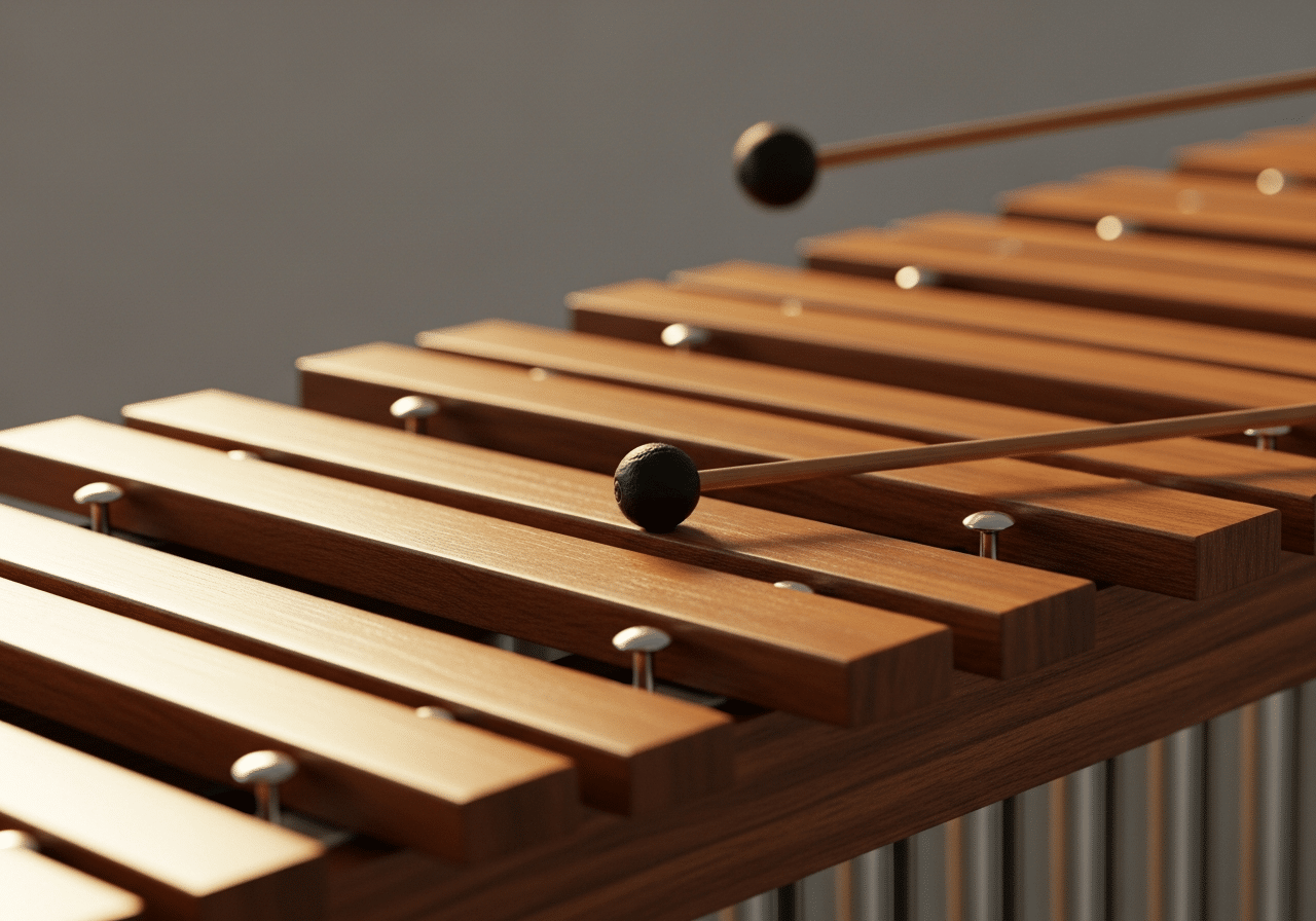 Xylophone en gros plan, lames de bois décroissantes frappées à la mailloche, détail des caisses de résonance.