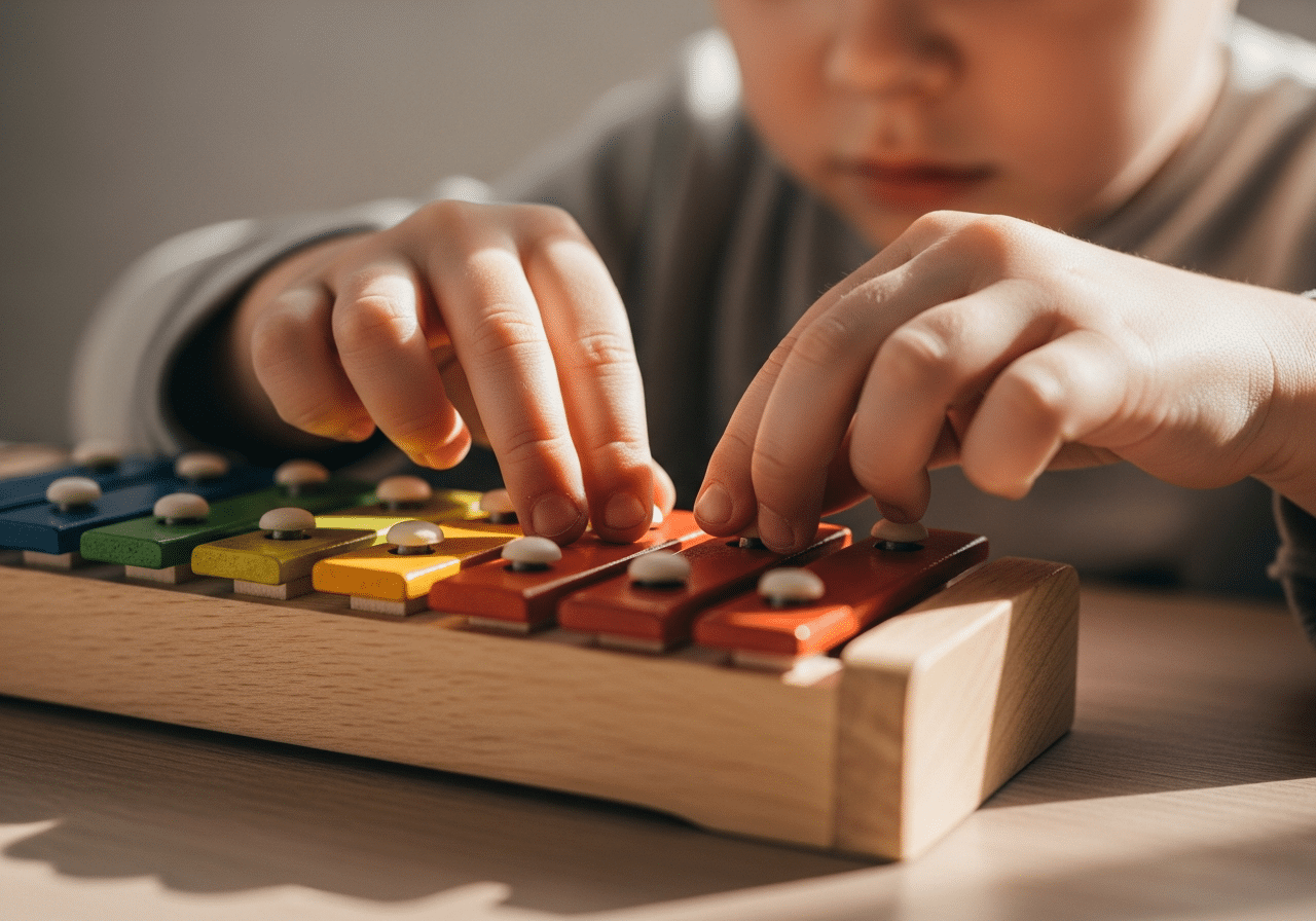 Enfant assemblant les lames colorées d'un xylophone en bois, apprentissage par la fabrication.