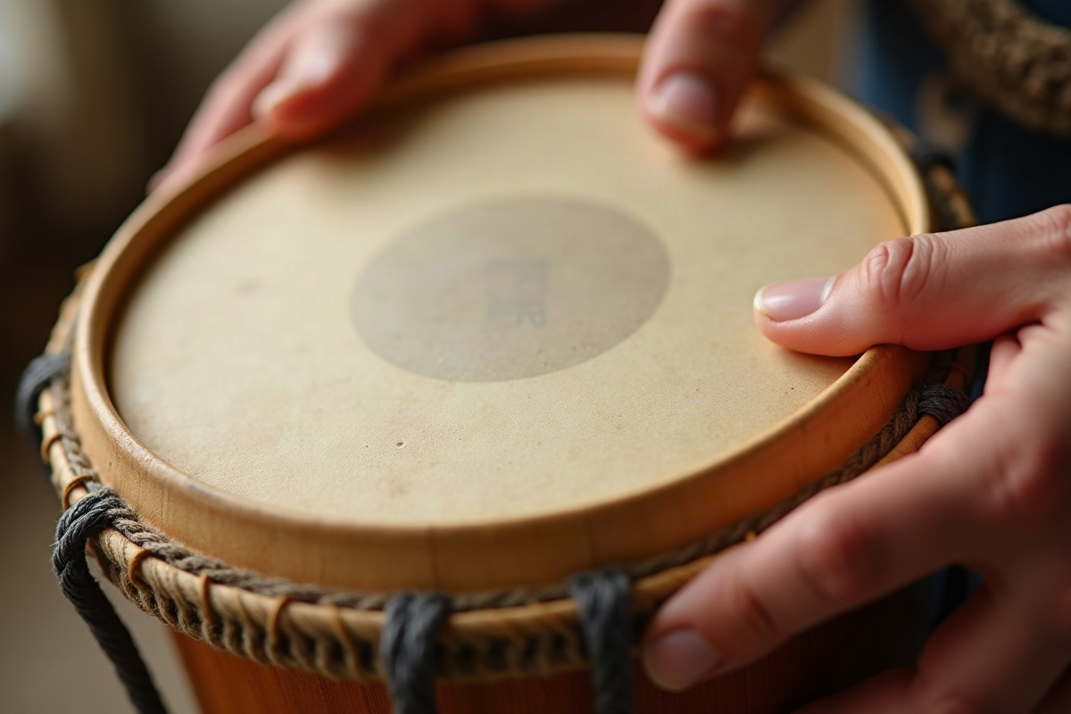 Frame drum frappé délicatement, peau tendue et cadre en bois naturel avec lumière douce